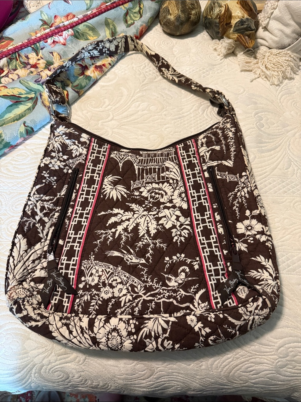 Vera Bradley Brown and White Quilted Shoulder Bag with Pink Trim